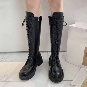 Cross Tied Zipper Solid Platform Women Cool Stylish Thick Bottom Mid Calf Boots Ladies Shoes c