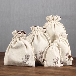 Jewelry Pouches Bags Lotus White Linen Velvet Jewellery Pouch Drawstring Travel Storage Cosmetic Bag Trinket Gift Packaging Cloth Pockets