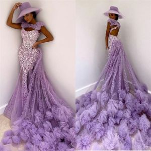 Purple Mermaid Prom Klänning Chic Ruffles Tulle Appliqued Lace Evening Dresses Sweep Train Sexig Backless Party Dress Custom Made Robe de Soiree
