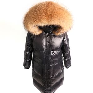 겨울 여성 블랙 다운 자켓 진짜 여우 모피 큰 칼라 코트 여성 오리 아래로 자켓 따뜻한 길고 코트 파카 너구리 칼라 210204