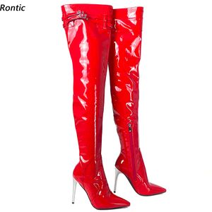 Rontic Neue Frauen Frühling Oberschenkel Stiefel Patent Leder Schnalle Sexy Stiletto Heels Spitzschuh Wunderschöne Rote Party Schuhe UNS Größe 5-15