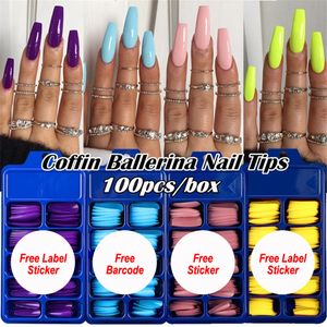 NAF009 100pcs Wholesale Price Long Coffin Press on Nails Candy Color Full Cover Acrylic Nail Tips Ballerina Fake Nails Accessories on Sale