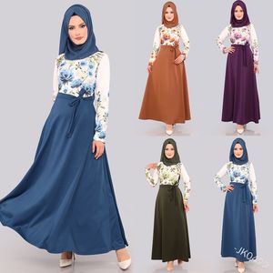 Wepbel Women Muslim Dress Floral Printed Plus Size Abaya Bow Long Sleeve Robe Arab Dubai High Waist Patchwork Maxi Dress F1130