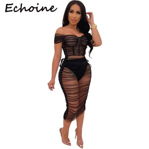Echoine Sexy Sheer Mesh See Through Two Piece Set Slash Neck Off Shoulder Top + Dress Women Party Night Club Outfits