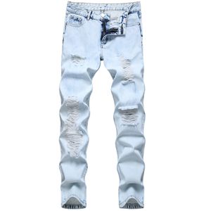 Проблемыемые джинсы мужчины синие джинсовые брюки поцарапанные сломанные дыры джинсы тощий карандаш джинсы для мужчин уличная одежда