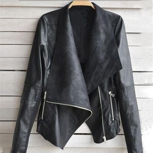 Women's Jackets Wholesale- 1PC Fashion Vintage Irregular Large Lapel Long-sleeved Pu Leather Jacket Women Biker Motorcycle Oblique Zipper Co