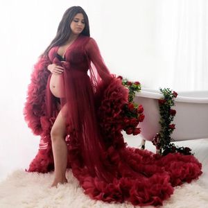 Plus Storlek Burgundy Bridal Sleepwear Dresses 2021 Tiered Ruffles Långärmad Maternity Party Dress för Photoshoot NightGowns