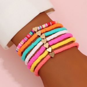 Small Gold Alloy Heart Charm Bracelets Colorful Polymer Clay Vinyl Heishi Disc Strands Stretch Bracelet Jewelry Wholesale 7pcs/set