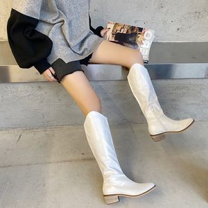 Hot Sale-New 2020 INS Women White Block High Heels Mid Calf Boots Lady Riding Cowboy Boots Winter Designer Thigh High Western Shoes