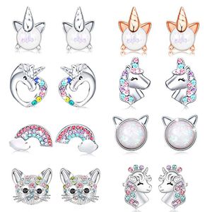 Cute Unicorn Stud Earrings for Little Girl Kids Crystal Cat Butterfly Rainbow Heart Star Earring Christmas Gift Jewelry