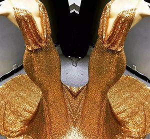 2021 Gold Mermaid Prom Dresses Sparkly Cekinowy Głęboki V Neck Sexy Dubai Celebrity Suknie Wieczorowe Formalne Odzież damska