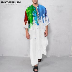 INCERUN 이슬람 남성 Kaftan 긴 소매 단추 주머니 넥타이 염료 인쇄 가운 레저 이슬람 아랍어 Jubba Thobe 두바이 Abaya S-5XL INCERUN