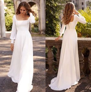 Modest Long Sleeves A Line Wedding Dresses Country Garden Boho Scoop Neck Sweep Train Buttons Covered Back Long Gowns Robe de soriee BC10864