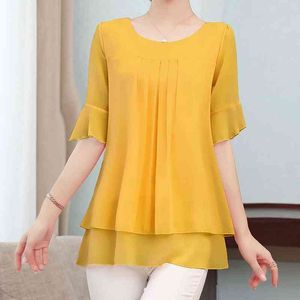 Lady sólido cor blusa mulheres amarelo moda top chiffon manga curta camisa casual blusa elegante escritório desgaste femme 2020 h1230