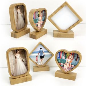 Bamboos Sublimation Blank fotoram med bas DIY Double Sided Wood Love Heart Round Frames Creative Dekorativ Foto-Frame T9i001783