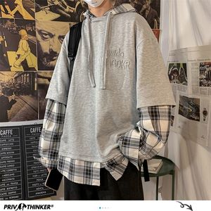 Korean Privathinker Plaid Oversized Man Casual Loose Hooded Sweatshirts Fashion Checked Men Pullovers Hoodies 201020