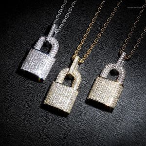 Hängsmycke Halsband Män Iced Out Bling Lock Halsband Fullständigt CZ Stone Hip Hop Guld Silver Färg Smycken Med Rostfritt Stål Rope Chain1