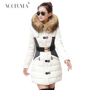 Moda roupas pele zíper com capuz mulheres longas mulheres casaco de inverno parkas casaco patchwork cinto slim parka grosso neve quente desgaste de neve 201217