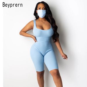 Beyprern Casual Knit Ribbed Bodycon Biker Jumpsuit Lounge Wear Summer Fashion Sleeveless Workout Playsuit Plus Size Active Wear T200704