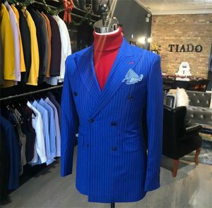 Royal Blue Striped Mens Garnitury 2 Sztuk Groom Najlepsze Spodnie Man Suit Business Wedding Downolle Blazer Kurtka (kurtka + spodnie)