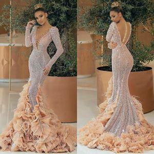 Elegant Beading Mermaid Evening Dresses Full Sleeves Deep V Neck Feather Ruffles Sweep Train Prom Gowns 2020
