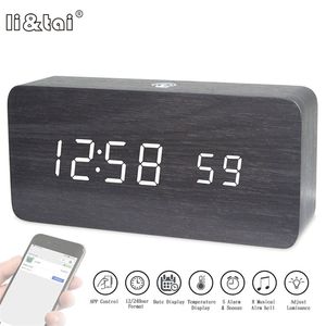 Wholesale wooden led clock square resale online - LED Digital Wooden Alarm Clock APP Control Time Temperature Date Electronic Desktop Clock USB Battery Brightness Sound Control LJ201208