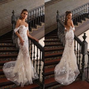 Fashion Mermaid Wedding Dresses Sexy Off Shoulder Lace Appliques Bridal Gowns Custom Made Open Back Sweep Train Robe De Soiree