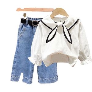 Baby Mädchen Spitzenhemd Jeans Hosen Outfit Langarm Kleidungsset Kinderkleidung Kleidung 20220303 Q2