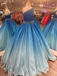 Ombre Blue Girl Pageant Dresses 2022 Crystals Beading Dress Ballgown Little Kids Birthday Sleeveless One-Shoulder Formal Party Wear Gowns Infant Toddler Teens
