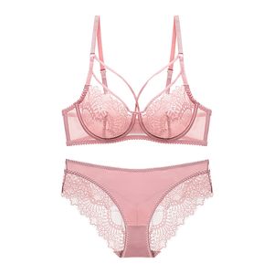 Biancheria intima da donna Sheer Sexy Lingerie Set Plus Size Lace Strappy Cup Unline Underwire Summer Bra Set Trasparente per le donne LJ201031