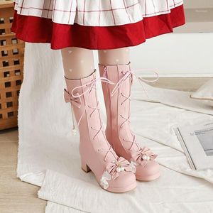 US4-12 Womens Round Toe Bowknot Mid Calf Boots Lolita Cosplay Shoes Block Heel Spets Up Plus Size 34-46 3Colors New 20201