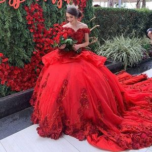 Röd pärlstav bollklänning rygglösa bröllopsklänningar paljetter från axelhalsen 3D applicerade brudklänningar tyll domstolståg vestidos de novia 407