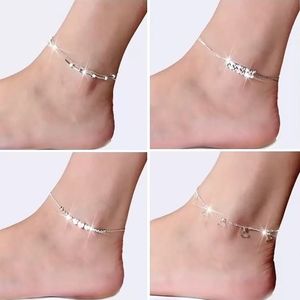 Anklets corrente 925 esterlina prata simples miçangas pingente anklet beleza moda sexy pé tatuagem praia tornozelo pulseira