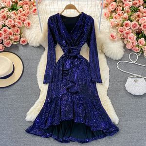 Autumn Women Green/Blue/Red Sequins Party Dress Vintage V-Neck Long Sleeve Irregular Ruffle Mermaid Vestidos Female New Fashion 2022