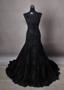 Vintage zwarte zeemeermin trouwjurken riemen mouwloze lange kant bruidsjurken voor bruid vrouwen rug veter-up plus size gotische trouwjurk