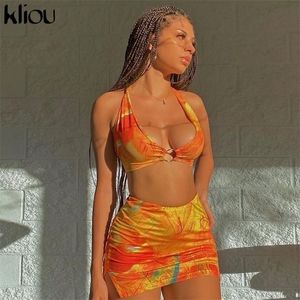 Kliou laço seco dois pedaço conjunto mulheres sexy halter lantejoulas lantewear clivagem colheita top + mini saia terno roupas femininas 220302