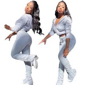 Winter Fashion Tracksuits Set Crop Top Hoodies+Stacked Pants Suit Female 2 PCS Outfits Women Streetwear Two Piece Sets