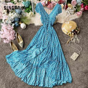 SINGRAIN Frauen Sommer Floral Maxi Kleid Bohemian Unregelmäßige Geraffte Rückenfreies Rüschen Kleid Vintage Lange Baumwolle Druck Strand Sommerkleid Y220214