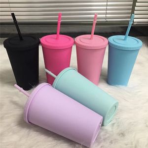 16oz macarons cores acrílico copos plástico tumbler fosco com canudos tampa lisa dupla parede portátil vácuo copo bebendo