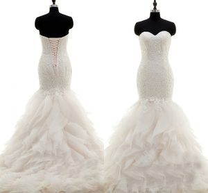 2021 Fantastyczne Suknie Ślubne Mermaid Ruffles Koronki Koronki Bez Ramiączek Gorset Powrót Plus Size Kobiety Bridal Sukienka na suknie ślubne Prawdziwe obraz