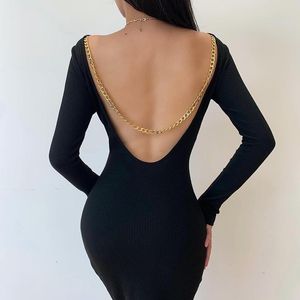 Casual Sukienki Sexy Backless Slim Winter Sukienka Kobieta 2021 Z Długim Rękawem Długość Kolana Powrót Hollow Out Metal Chain Bodycon Pasek Stroje