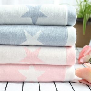 2 layers Reversible Super Soft Cotton Knitted Baby Blanket Blue Pink Stars Pattern Crochet Newborn Swaddle Infant crib Quilt LJ201014