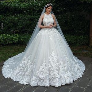 Luxuriöses Spitzen-Hochzeitskleid, ärmellos, mit Hof-Schleppe, Brautkleider in Übergröße, Robe De Mariee