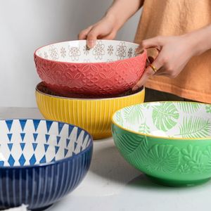 Creative Personality Korean Ceramic Relief Set Soup Noodle Home Large Salad Bowl 8 Inches Tableware 201214