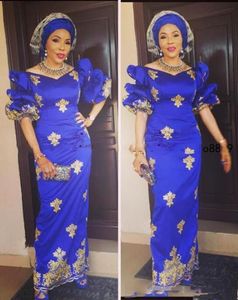 Royal Blue 2020 Nigeria Aso Ebi Schede Prom Jurken met Gouden Kant Applicaties Avondjurk Afrikaanse Arabische Half Mouwen Partyjurk Vestidos