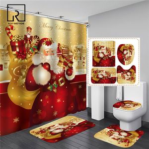 Red Santa Claus Printed Christmas Shower Curtain Set with Bath Mat Anti-slip Carpet Bathroom Partition Waterproof Home Decor 201128