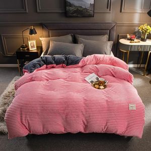 43 Thick Coral Velvet Solid Stripe Bedding Set Winter Warm Flannel Duvet Cover Bed Fitted Sheet Pillowcases Single product LJ201127