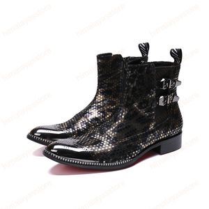 Fashion Men British Style Genuine Leather Boots Pointed Toe Increase Height Sequin Boots Carved Side Buckle Boots