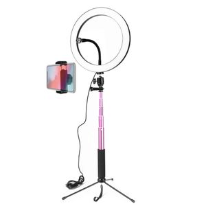 Фотография LED Selfie Stick Ring Light 10 дюймов 26 см Трехскоростное затемнение для макияжа видео Live Studio с штативным держателем телефона