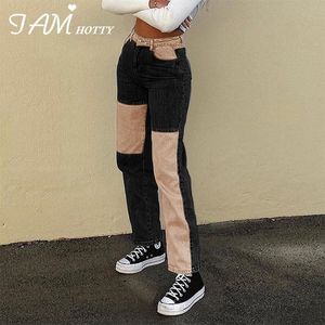 Schwarz Patchwork Baggy Frau Mom Jeans Hohe Taille Taschen Breites Bein Freund E Mädchen Mode Streetwear Y2K Hosen Weibliche Iamhotty 201105